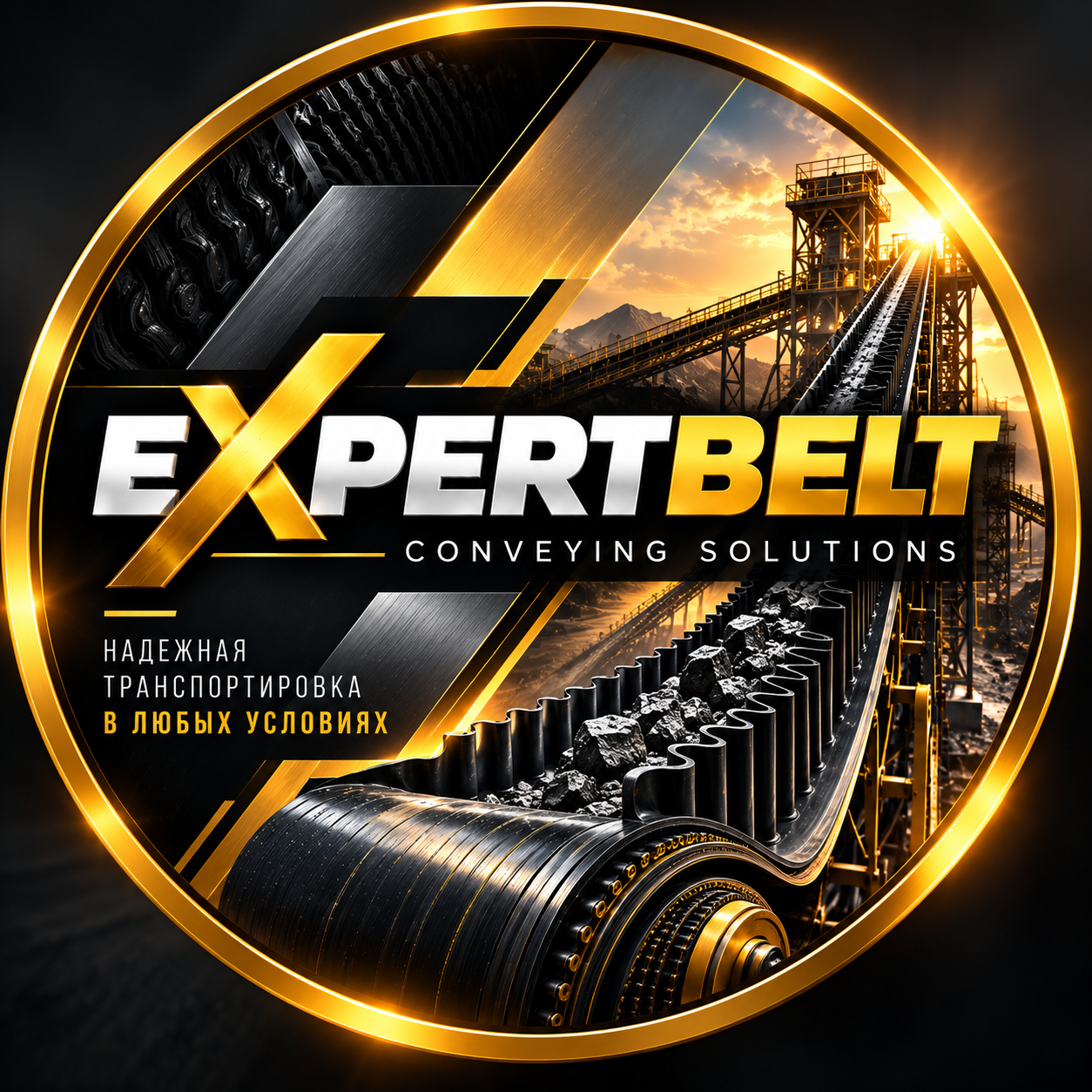 Фирменный образ EXPERTBELT: промышленный конвейер в золотой рамке